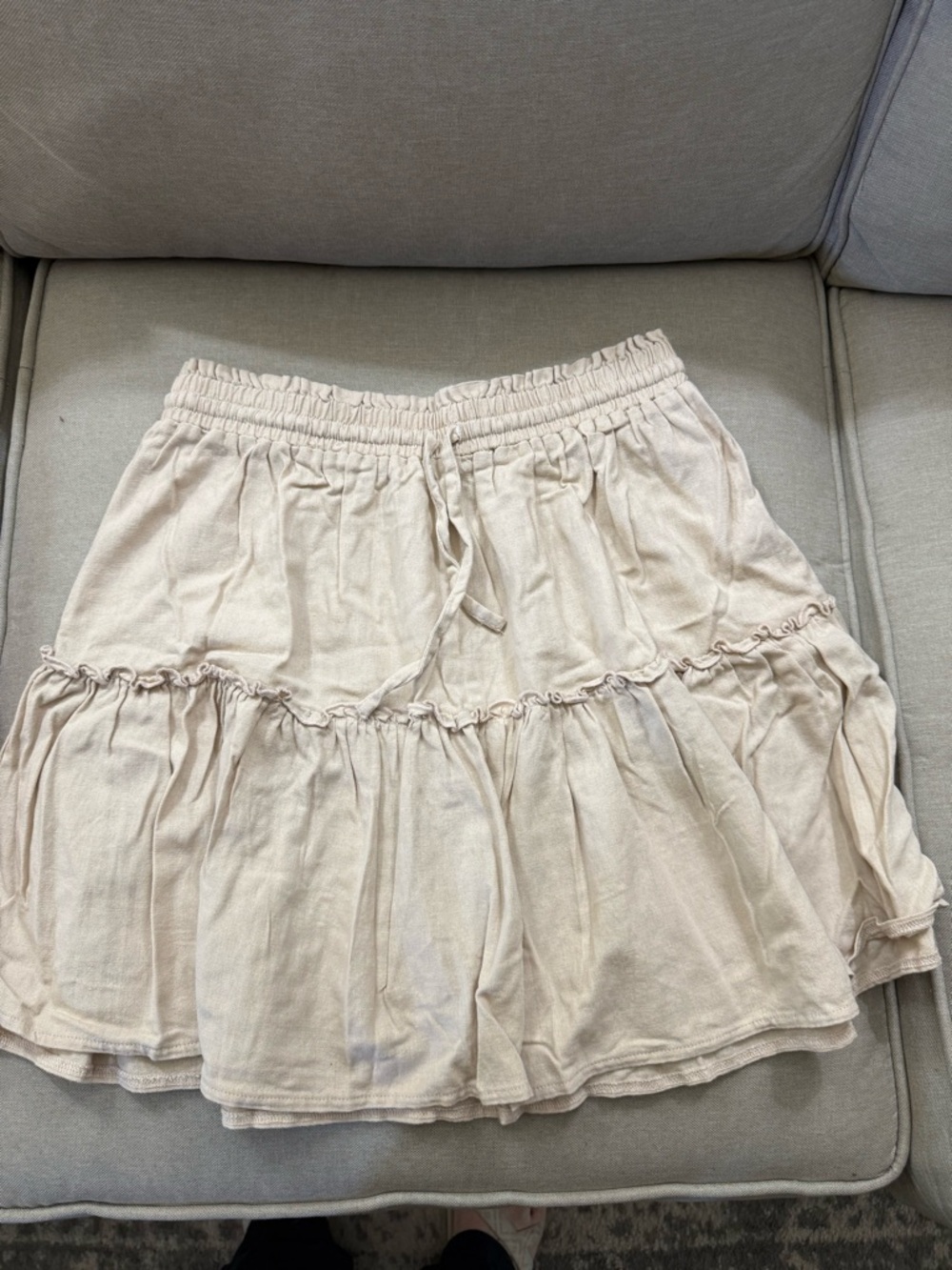 Tiered Mini Skirt with Drawstring Waist in Light Beige